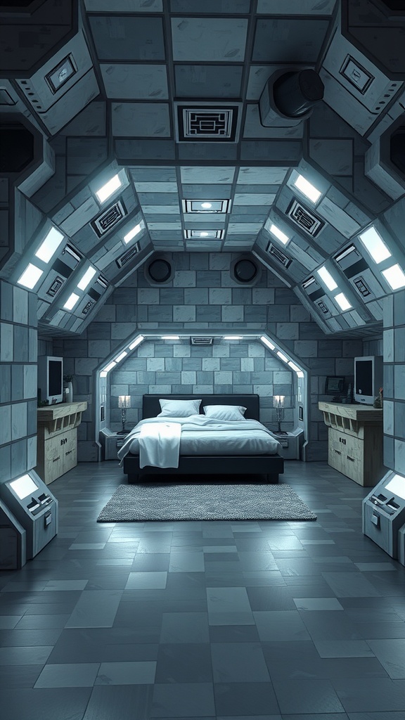 Futuristic space pod bedroom with sleek design and modern lighting