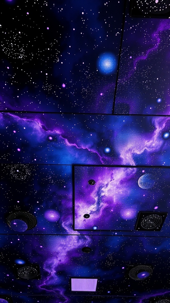 Galaxy-themed ceiling with purple and blue colors, depicting stars and planets.