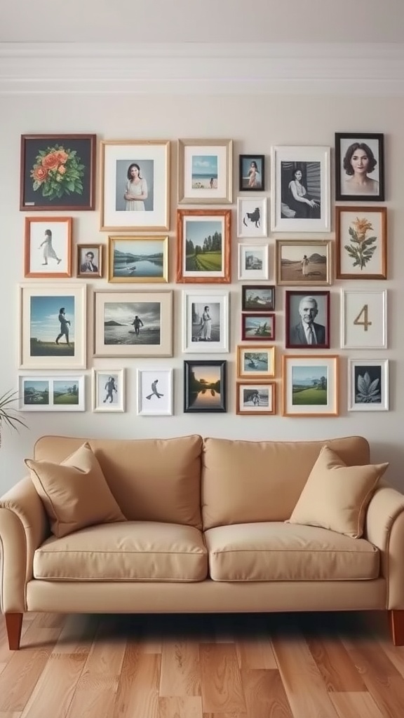 Gallery wall with various framed artworks and a beige sofa in front.