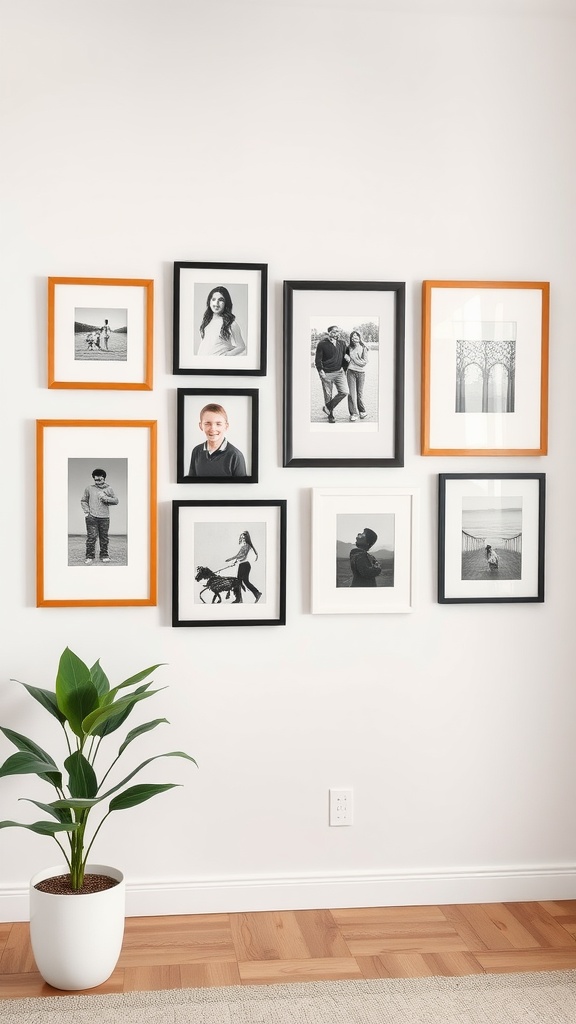 Gallery wall of family photographs with various frame styles and a plant