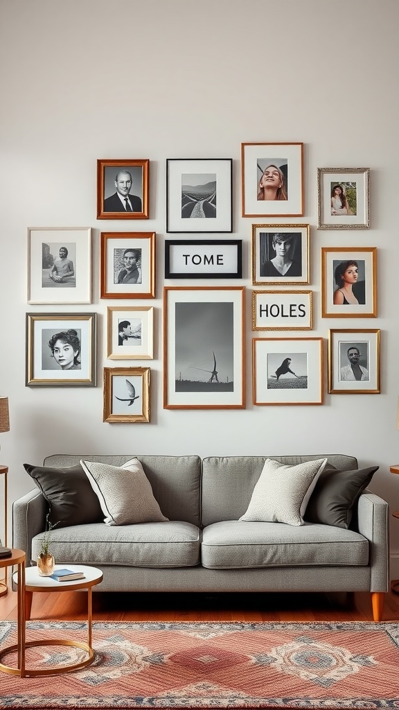 A gallery wall featuring a mix of frames above a gray couch, displaying various black-and-white photographs and colorful portraits.