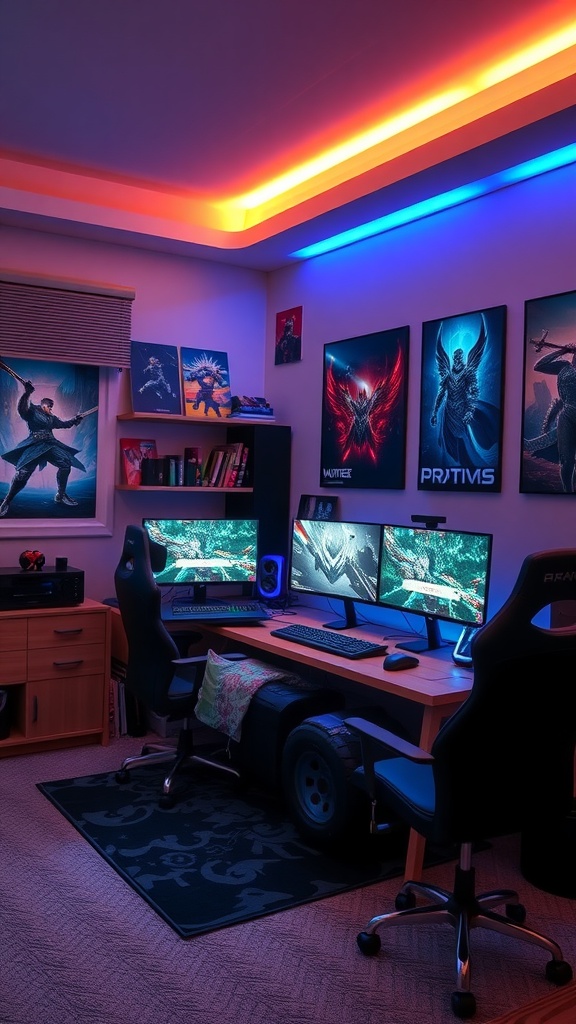 A stylish gaming setup featuring dual monitors, LED lighting, and gaming chairs