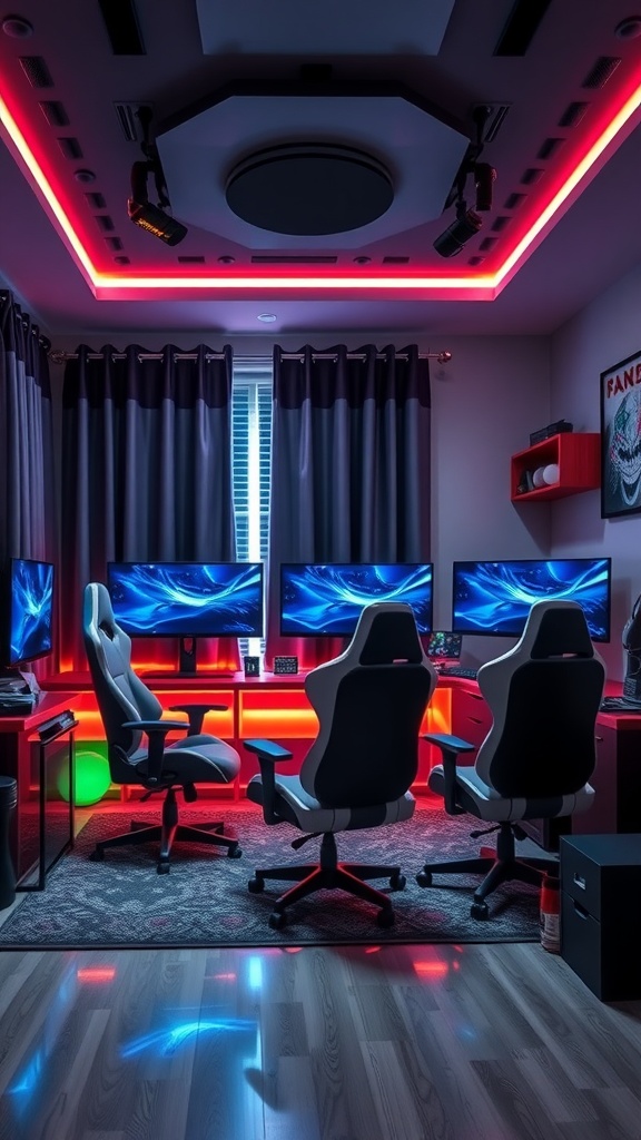 A gaming setup showcasing multiple monitors, LED lighting, and ergonomic gaming chairs in a stylishly arranged room.