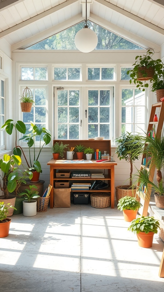A bright and airy craft area filled with plants and natural light, featuring a wooden table with art supplies.