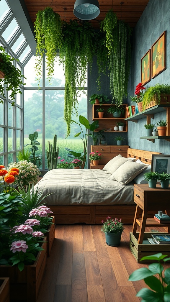 A cozy bedroom filled with plants and flowers, featuring large windows and wooden furniture.