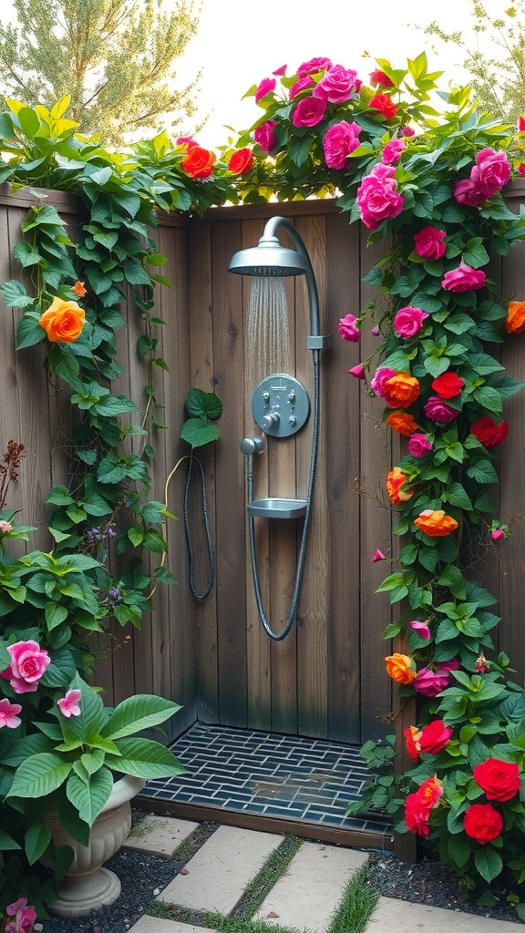 A garden shower surrounded by climbing vines and colorful flowers, featuring a wooden enclosure and sleek showerhead.