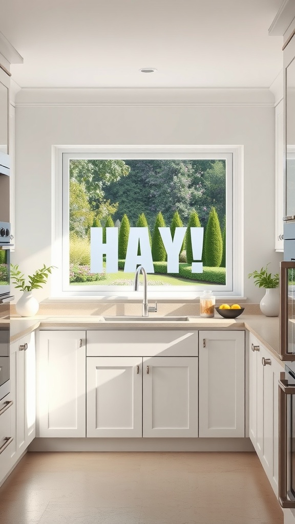 A bright white kitchen with a large window showcasing a lush garden view