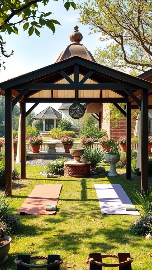 A serene garden yoga retreat featuring a gazebo, yoga mats, and vibrant flowers.