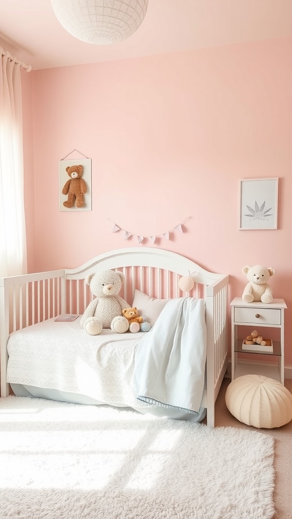 A cozy newborn room featuring a gentle pastel palette with a pink wall, a white crib, and plush toys.