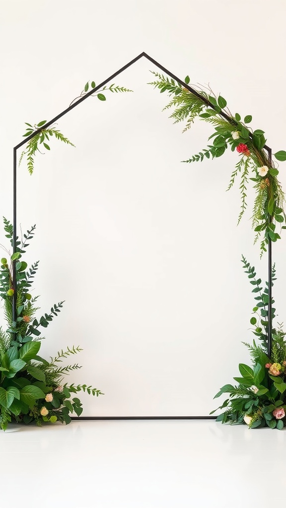 A geometric frame with greenery and flowers, designed as a wedding backdrop.
