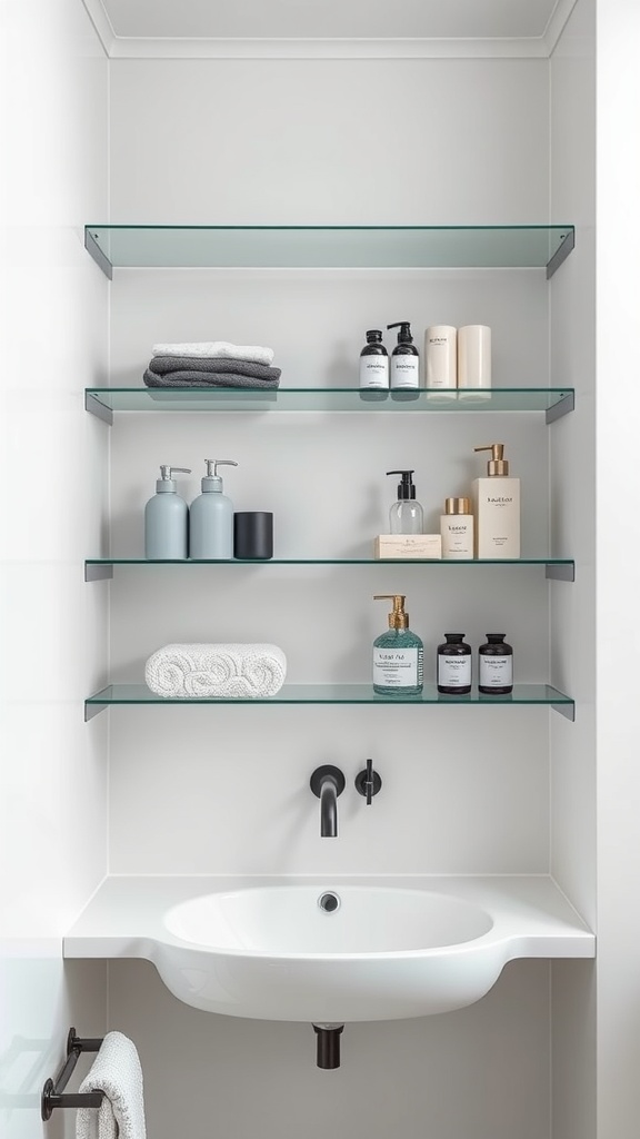 Stylish bathroom with glass shelves displaying towels and bath products.