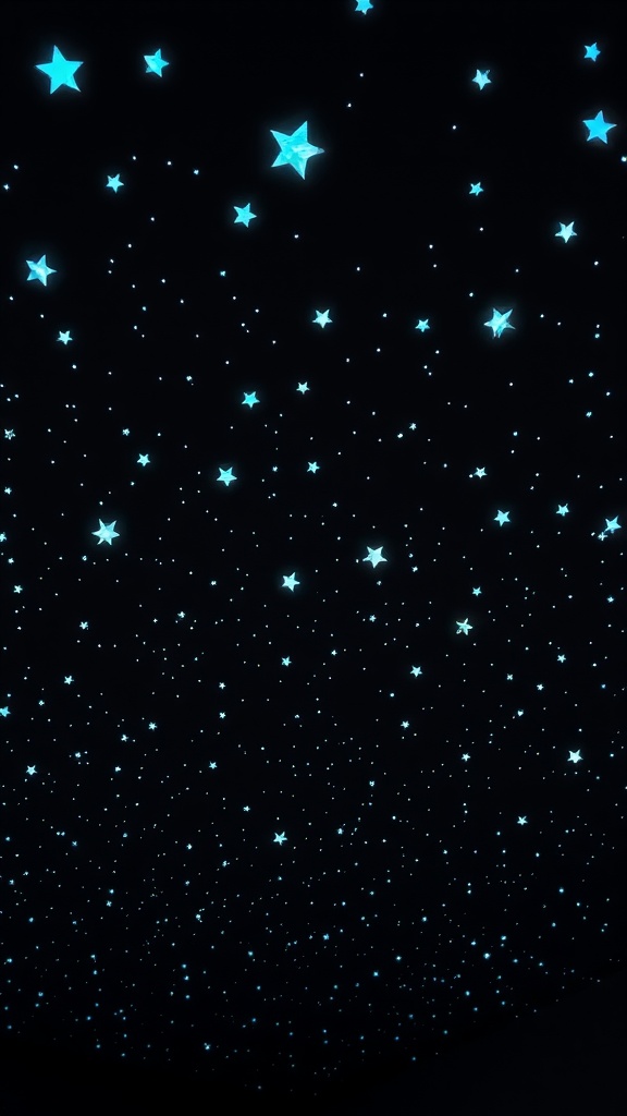 A ceiling filled with glowing blue stars on a black background