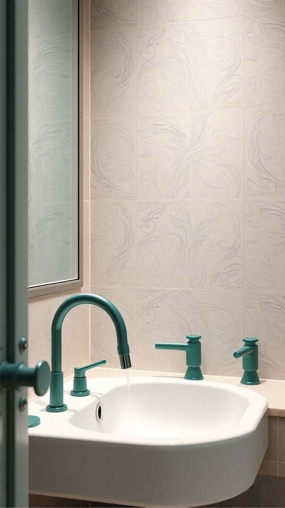 A modern bathroom sink with green fixtures and a stylish faucet, set against patterned tiled walls.
