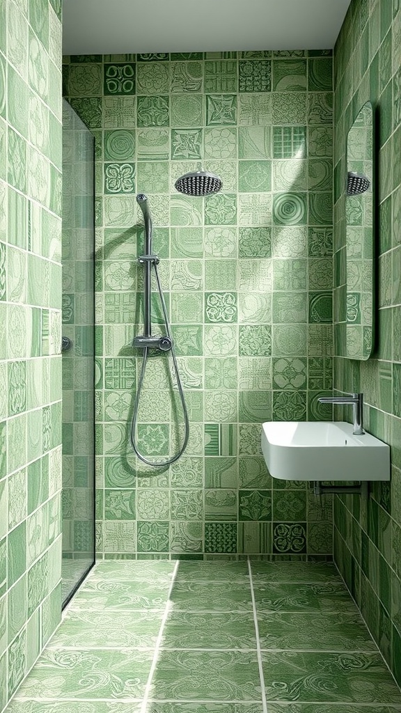 A modern bathroom with green tile patterns on the walls and floor, featuring a shower and a small sink.