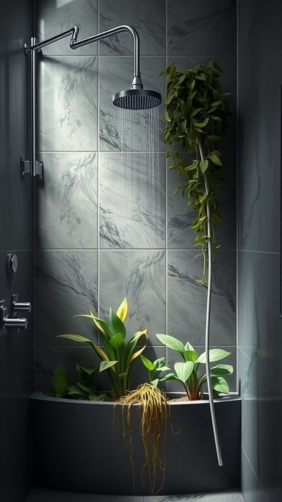 A modern shower niche featuring lush green plants and a sleek showerhead.