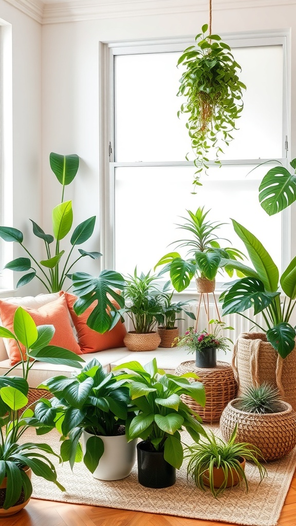 A modern living room filled with various indoor plants, featuring a cozy sofa and natural decor elements.