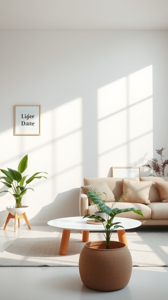 A minimalist living room with two plants, a white table, and a neutral-colored sofa.