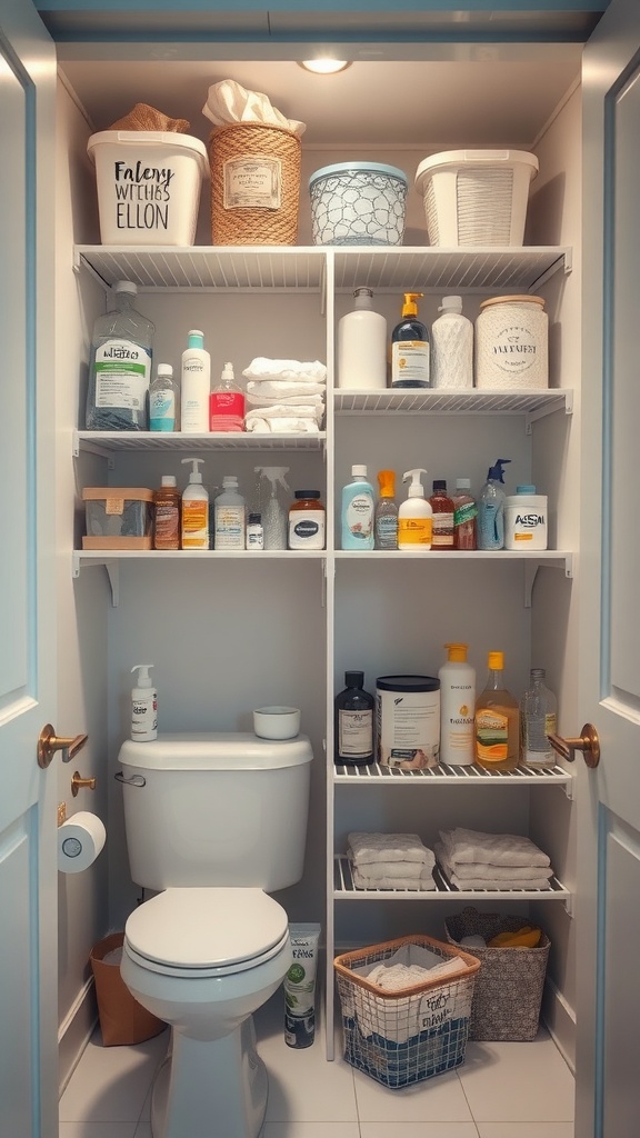 A neatly organized bathroom closet with various items including towels, toiletries, and storage bins.