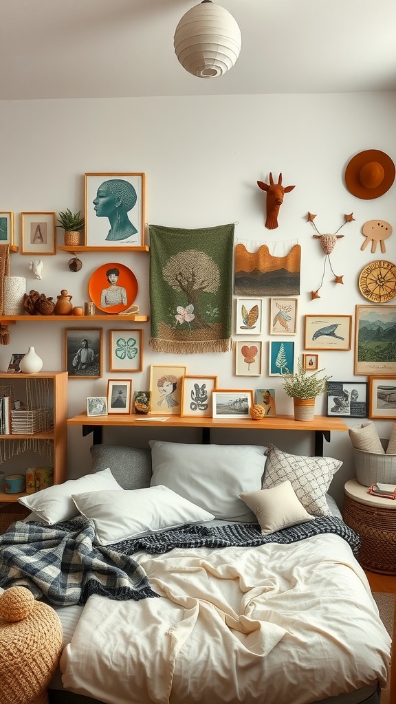 A cozy bedroom featuring handmade art and crafts, showcasing a variety of textures and colors.
