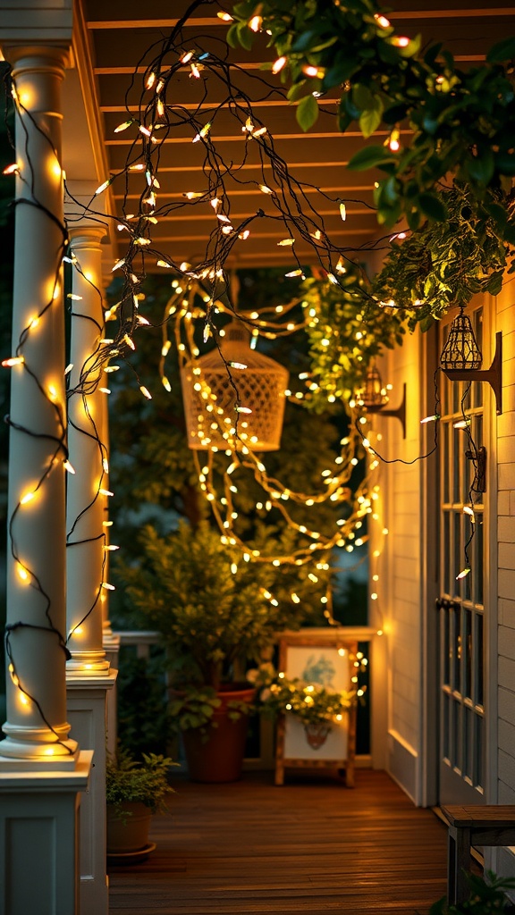 A porch decorated with fairy lights and plants, creating a cozy atmosphere.