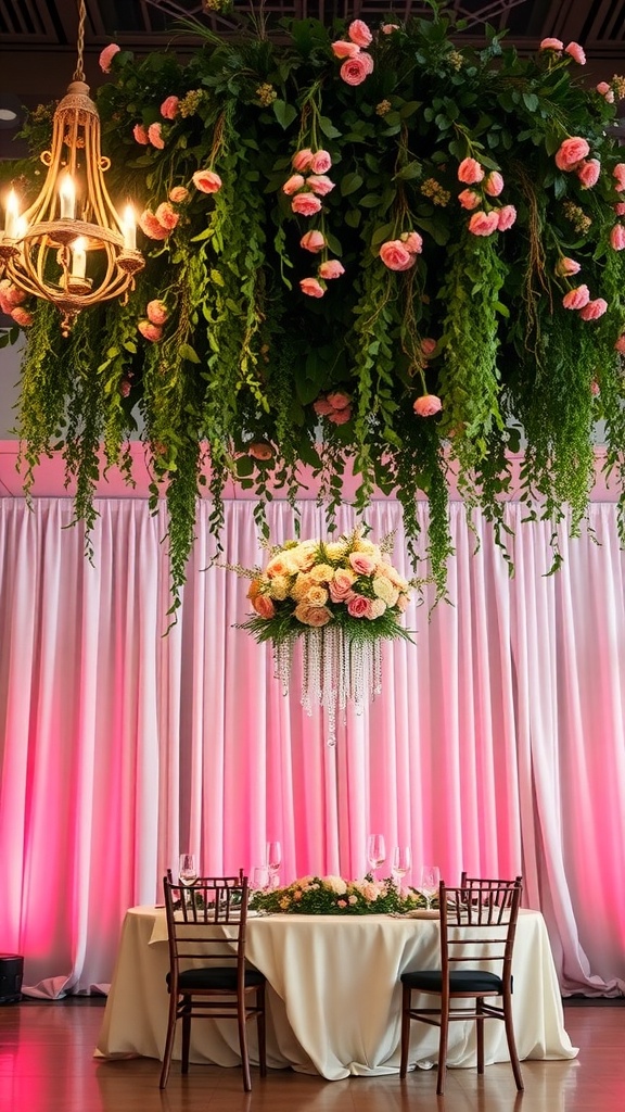 A wedding backdrop featuring hanging greenery and floral arrangements with pink roses, illuminated by soft lighting.