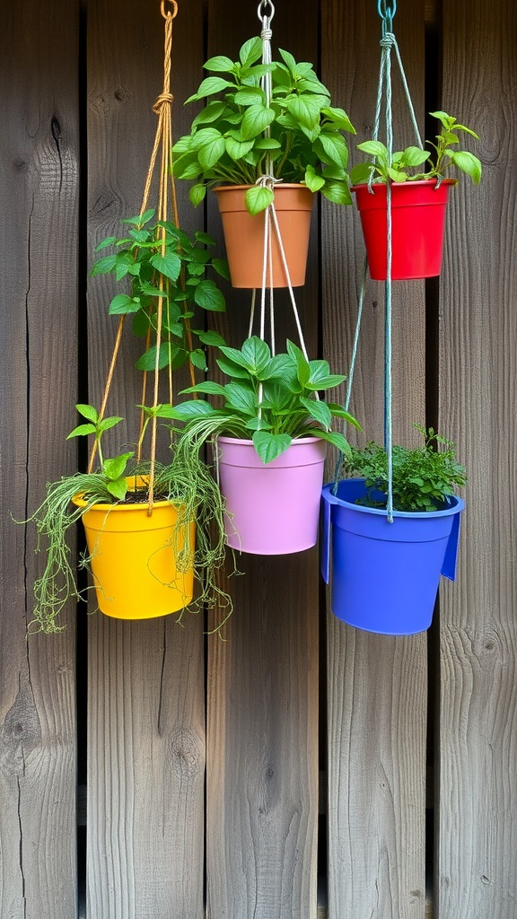 Colorful hanging pots with herbs against a wooden backdrop