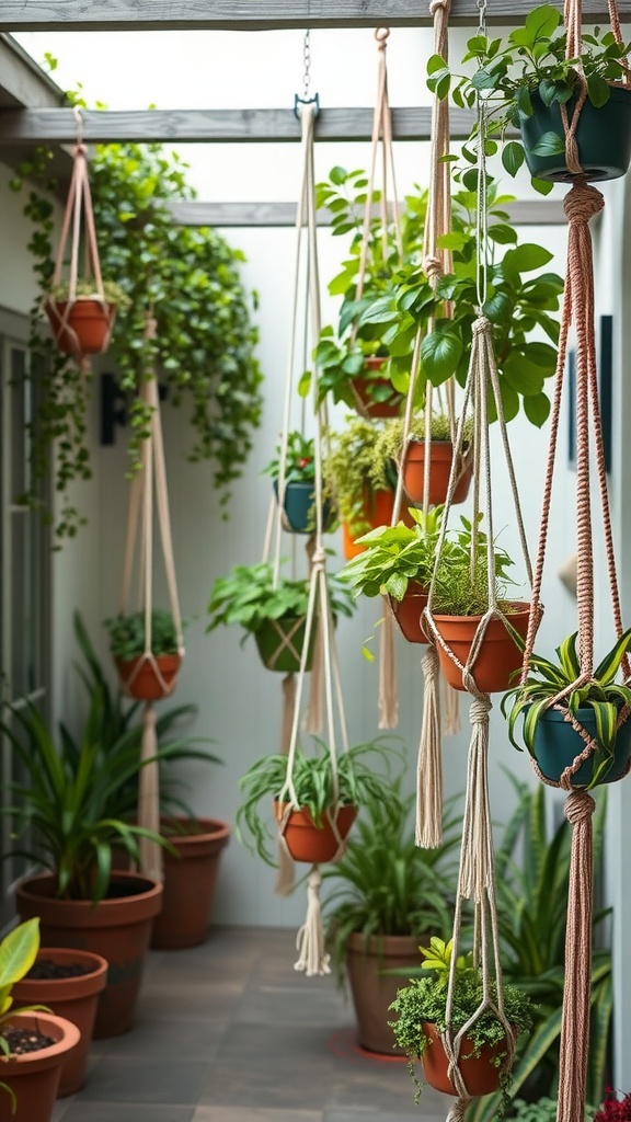 A vibrant display of hanging plants in a bohemian patio setting.