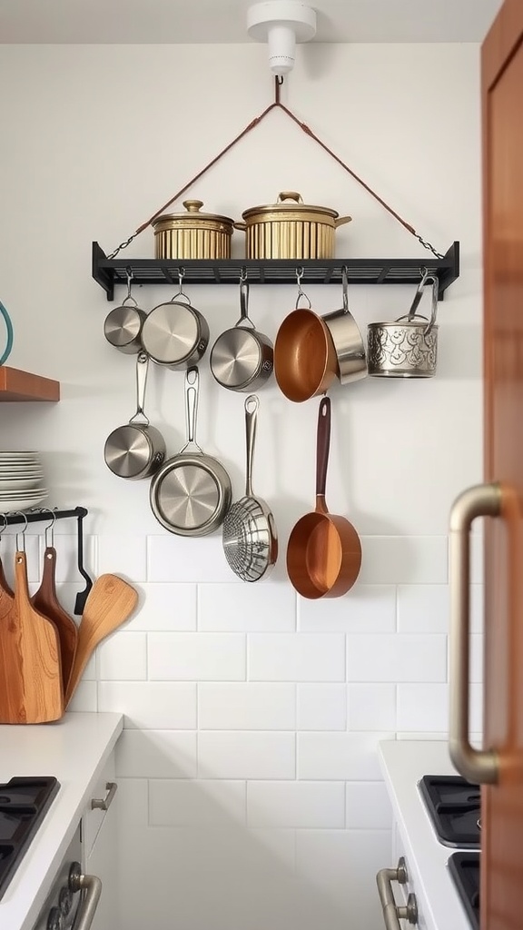 A hanging rack with pots and pans in a small kitchen.
