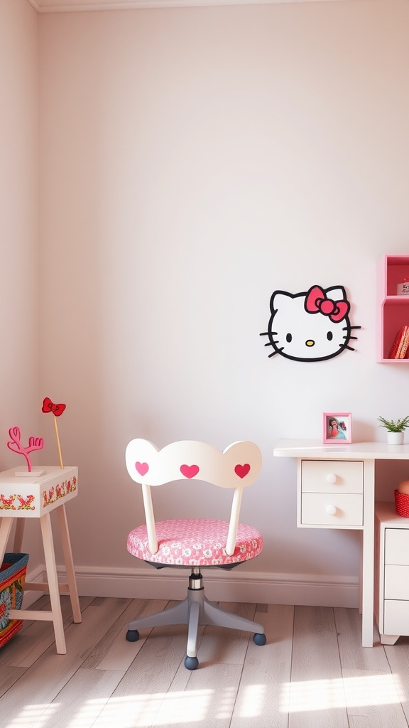A Hello Kitty themed bedroom featuring a cute chair and desk, with a Hello Kitty wall decal.