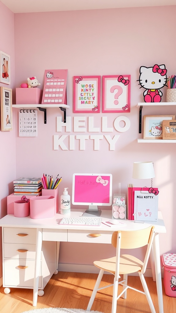 A bright Hello Kitty themed study space with pink walls, desk, and accessories.