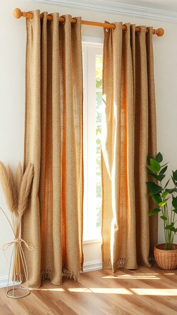 Boho style curtains made from hemp and jute fabric, allowing light to filter through, with plants nearby.