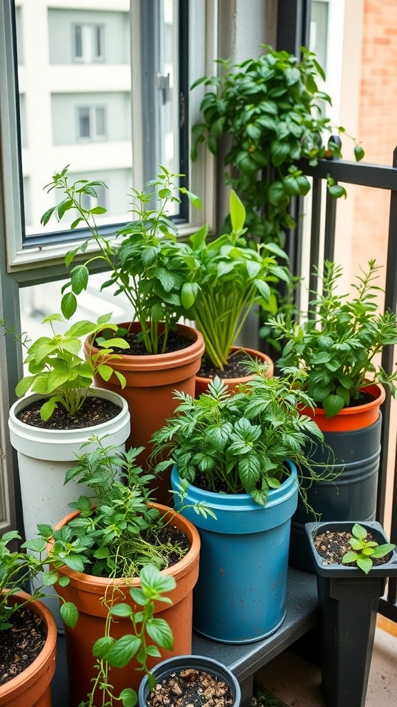 A balcony filled with various herbs growing in colorful recycled containers.