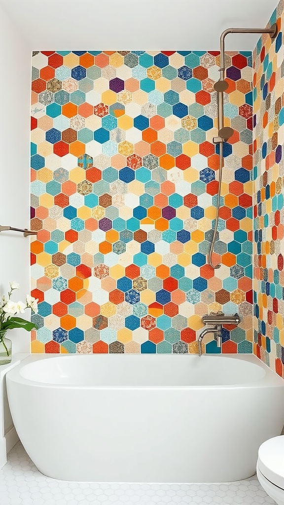 A colorful hexagon tile accent wall in a bright bathroom with a white bathtub.
