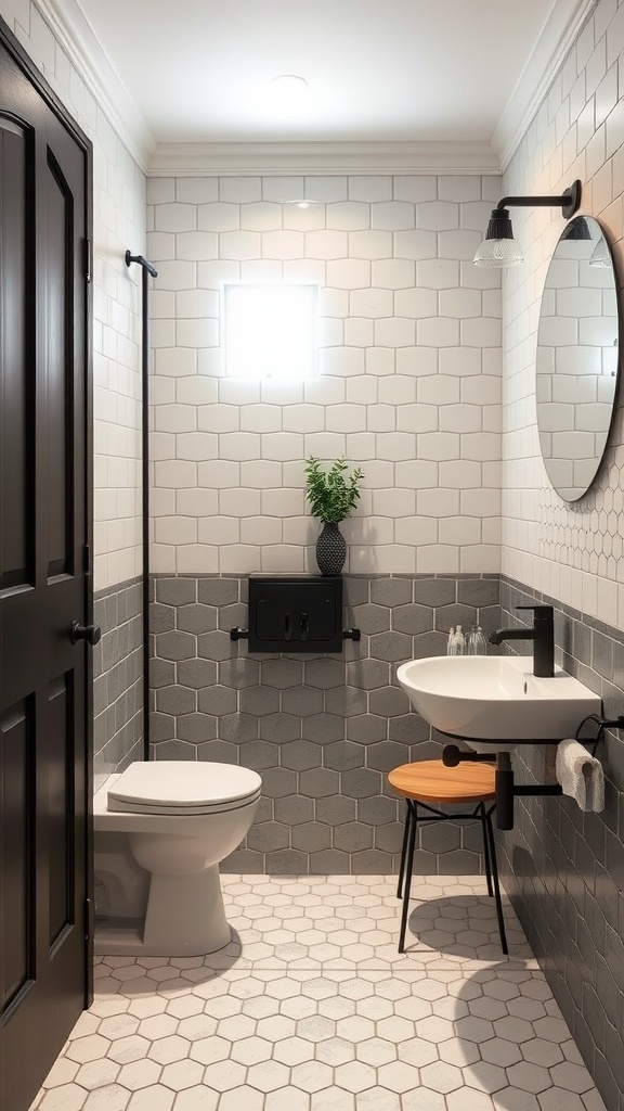A compact bathroom with hexagon tiles in white and gray, featuring a round mirror and a small plant on the sink.