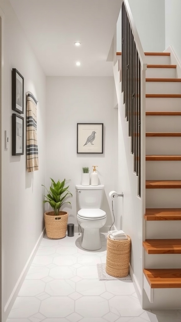 A compact bathroom is built under a staircase, featuring a toilet, potted plants, and decorative elements.