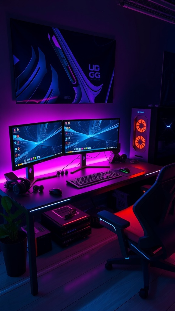 A modern gaming desk setup with dual monitors, RGB lighting, a gaming chair, and consoles underneath.