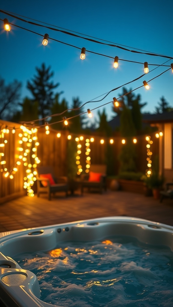 A hot tub with string lights illuminating the backyard at dusk.