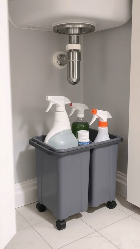 Under sink cleaning supply caddy with two compartments and cleaning products.