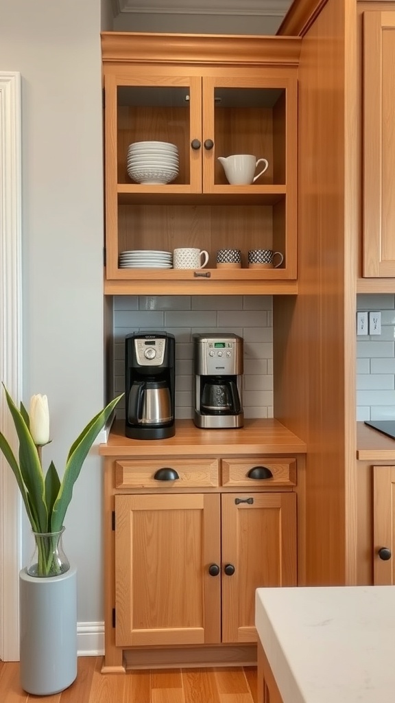 A kitchen corner cabinet featuring a built-in coffee station with two coffee machines, shelves with dishware, and a decorative plant.