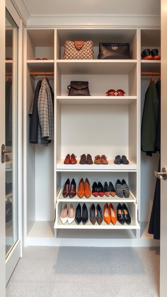 A small walk-in closet featuring a pull-out shoe rack with neatly arranged shoes on display.