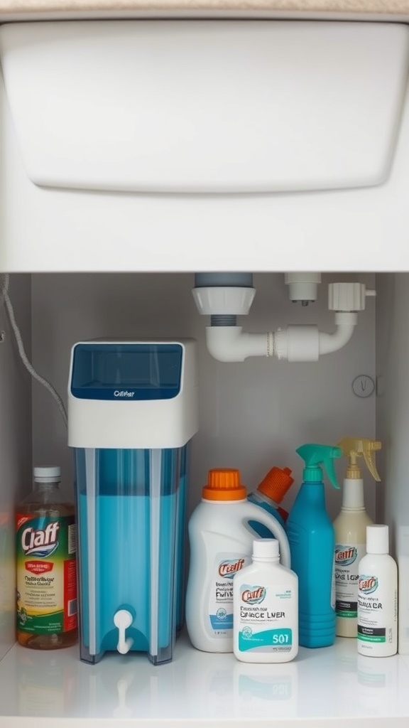 Under sink organization with a water filter system and cleaning supplies.