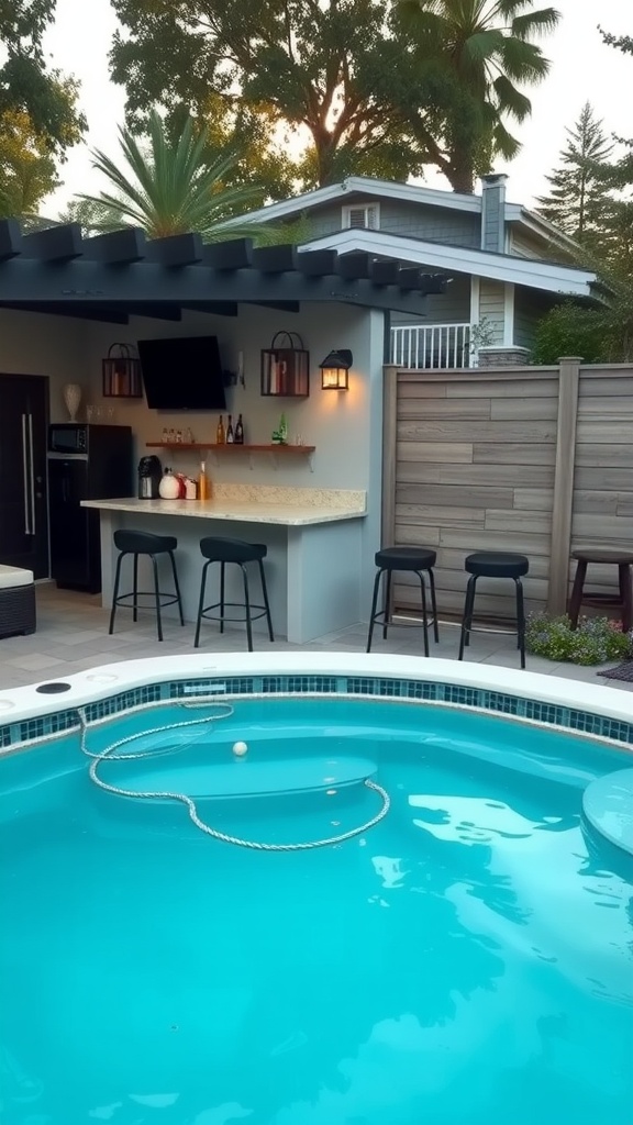 Outdoor bar next to a hot tub with stools and a beautiful view