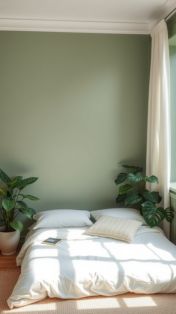 Cozy sage green bedroom with plants and natural light
