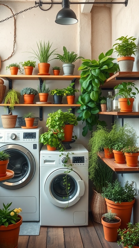 A rustic laundry room filled with various potted plants on shelves and next to washing machines.