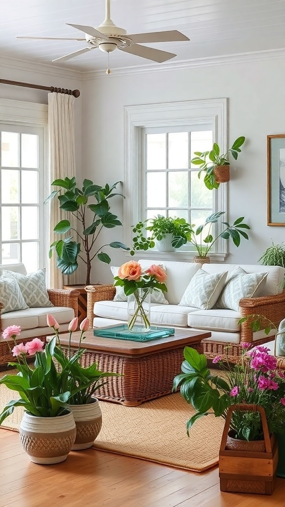 A coastal living room with various plants and flowers, featuring wicker furniture and large windows.
