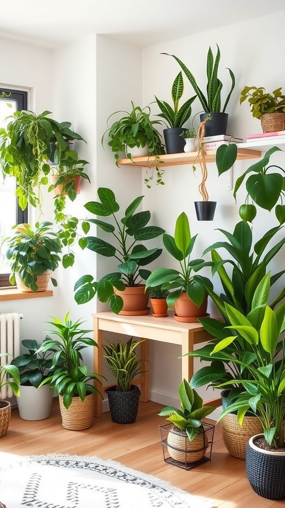 A cozy corner in a studio apartment filled with various houseplants in pots of different styles.