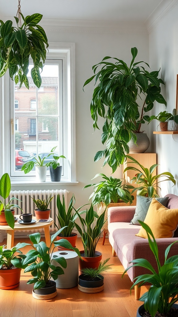 A cozy living room filled with various indoor plants, including a hanging plant, large leafy plants, and smaller potted plants around a pink sofa.