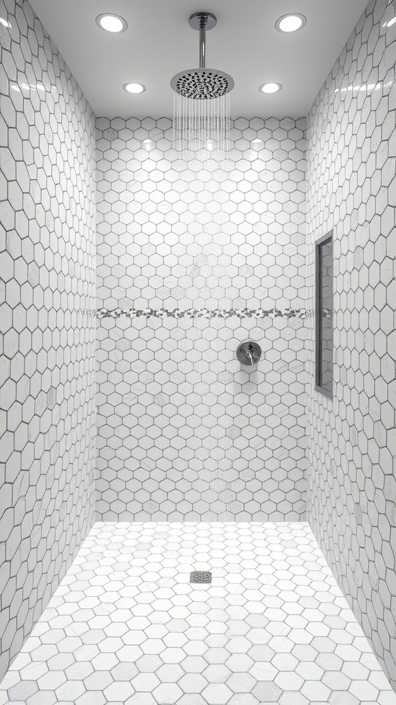 Modern shower area featuring hexagon tiles on walls and floor