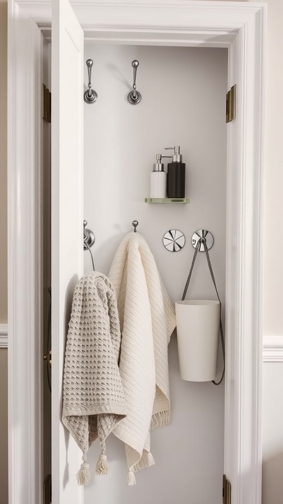 A bathroom closet door with hooks holding towels and a container for accessories.
