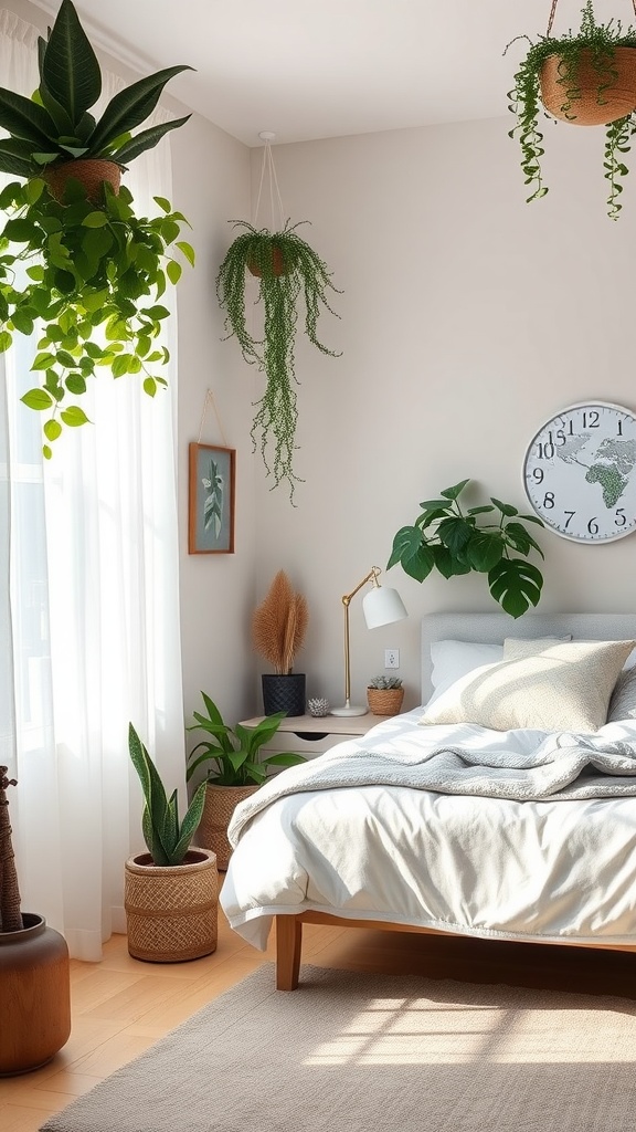A Scandinavian-style bedroom with various indoor plants, including hanging plants and potted plants by the bed.